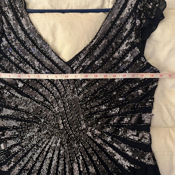 J Kara Gown Maxi Dress Sequin Beaded V Neck V Back Flutter Sleeve A-Line Blue 16 - Picture 11 of 16